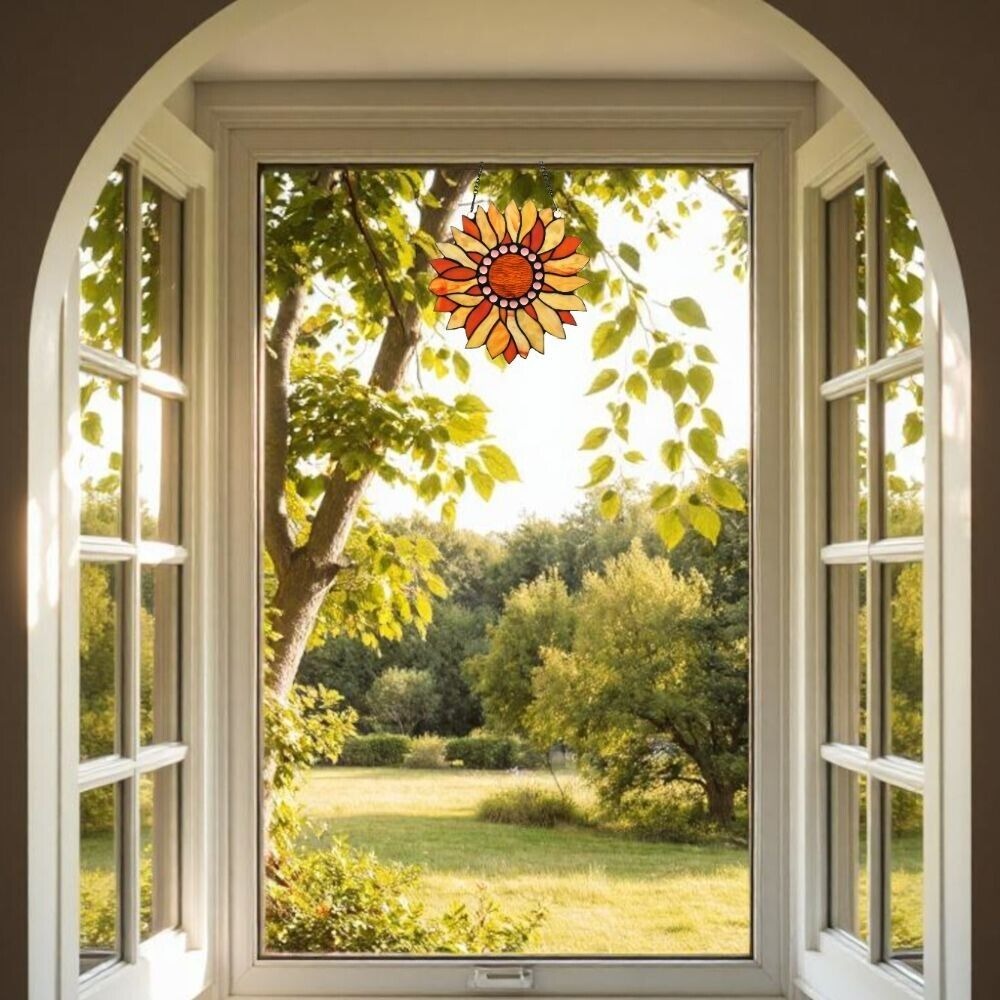 Orange Sunflower Design Stained Glass Window Panel Suncatcher Round 12in