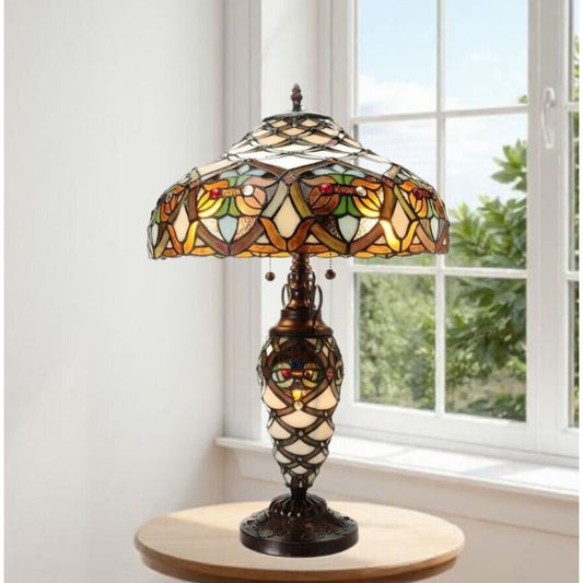 Baroque 3 Light Stained Glass Table Lamp in Ivory and Brass Finish 25in