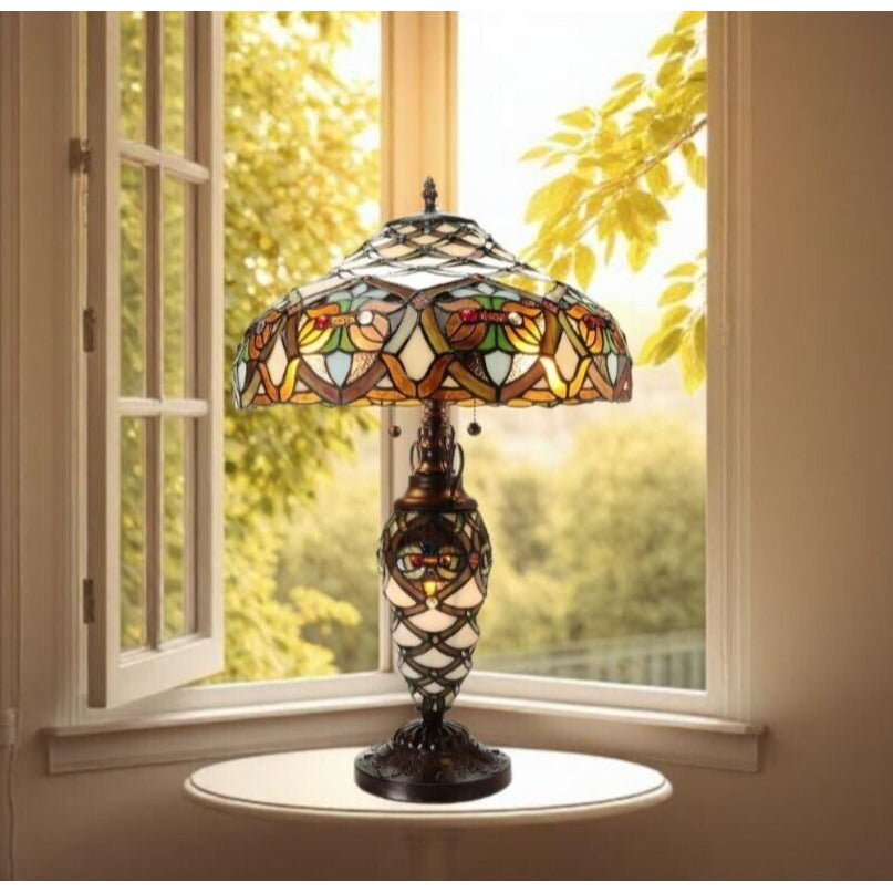 Baroque 3 Light Stained Glass Table Lamp in Ivory and Brass Finish 25in