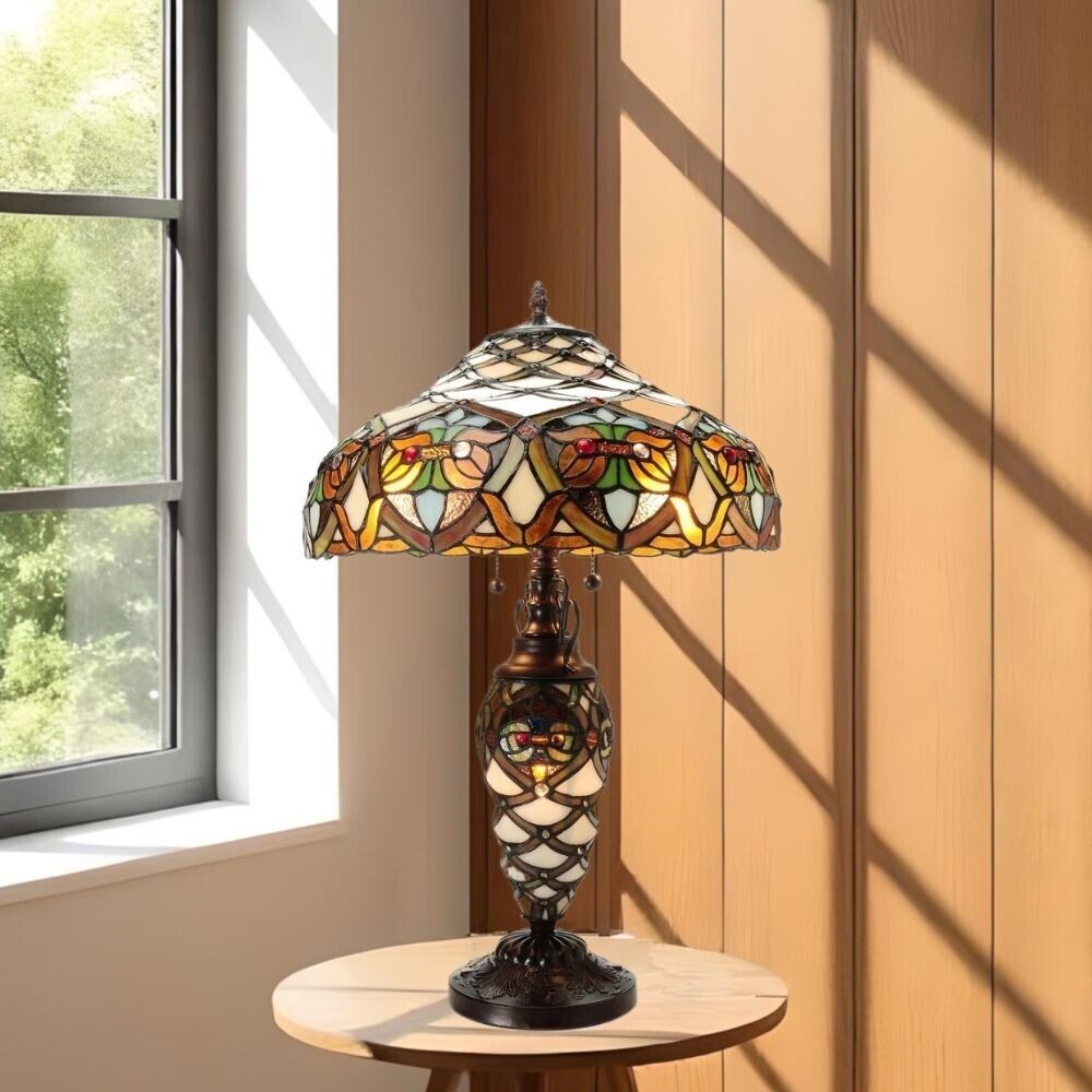 Baroque 3 Light Stained Glass Table Lamp in Ivory and Brass Finish 25in