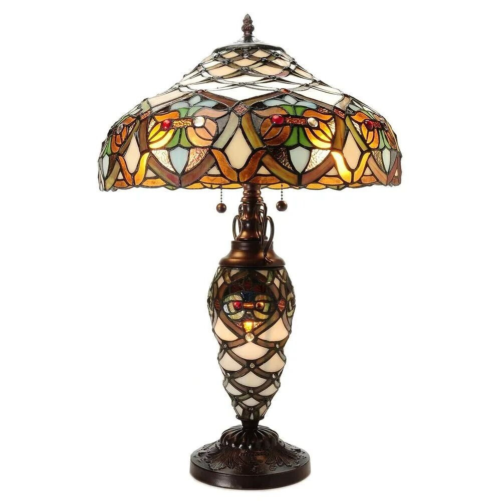 Baroque 3 Light Stained Glass Table Lamp in Ivory and Brass Finish 25in