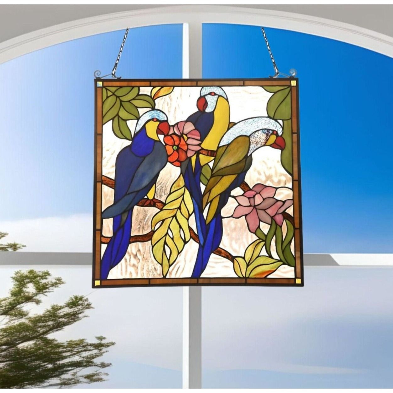 Tropical Parrots Tiffany Style Stained Glass Window Panel Suncatcher 25x25in