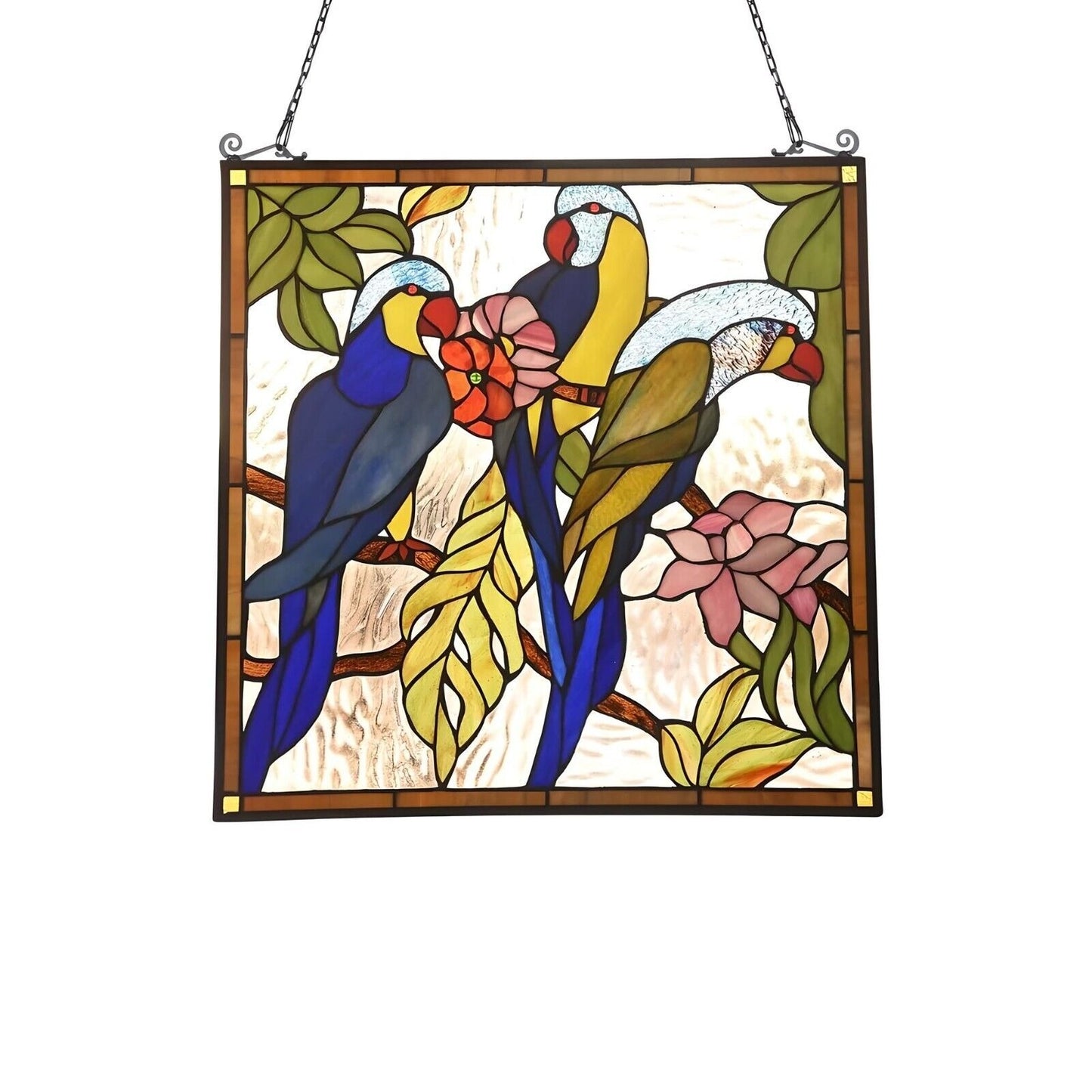 Tropical Parrots Tiffany Style Stained Glass Window Panel Suncatcher 25x25in