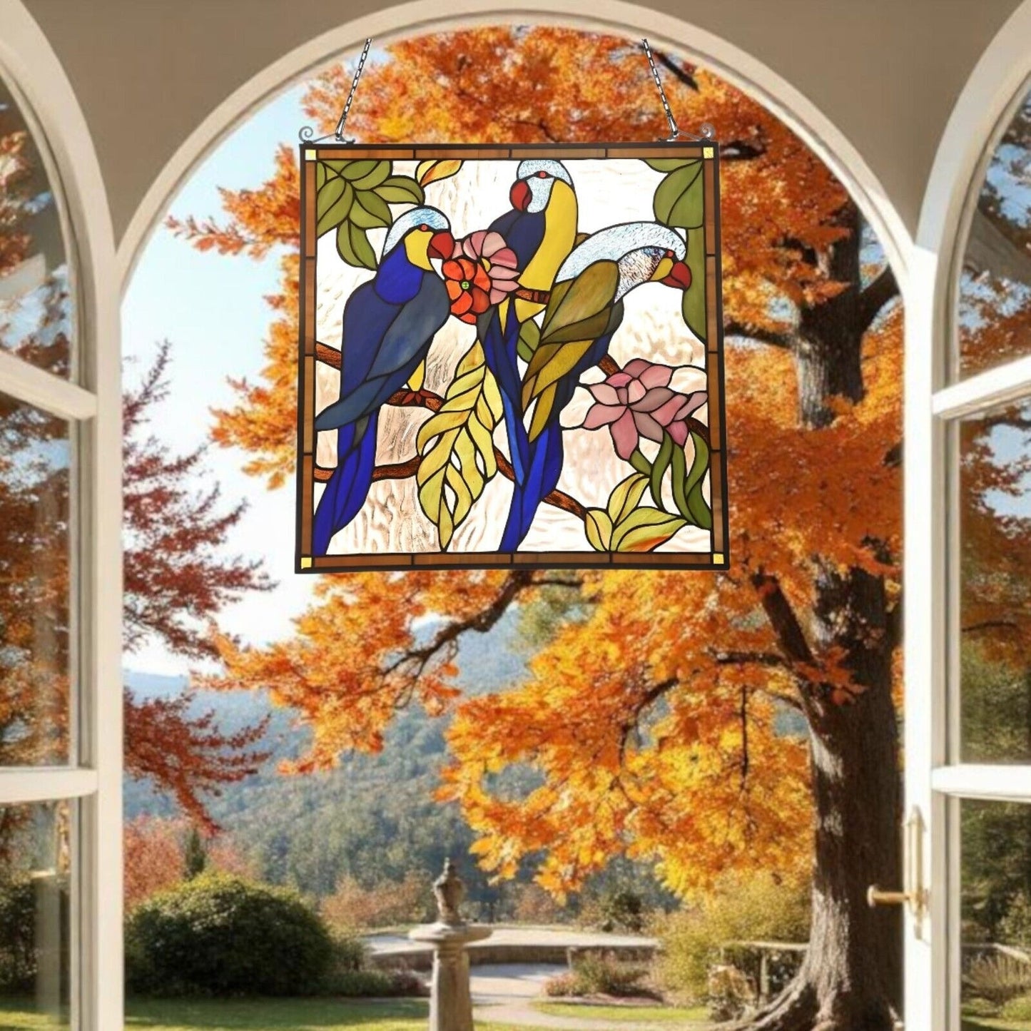 Tropical Parrots Tiffany Style Stained Glass Window Panel Suncatcher 25x25in