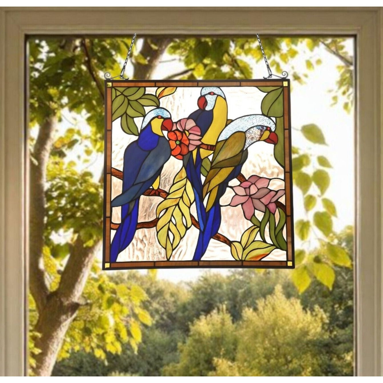 Tropical Parrots Tiffany Style Stained Glass Window Panel Suncatcher 25x25in