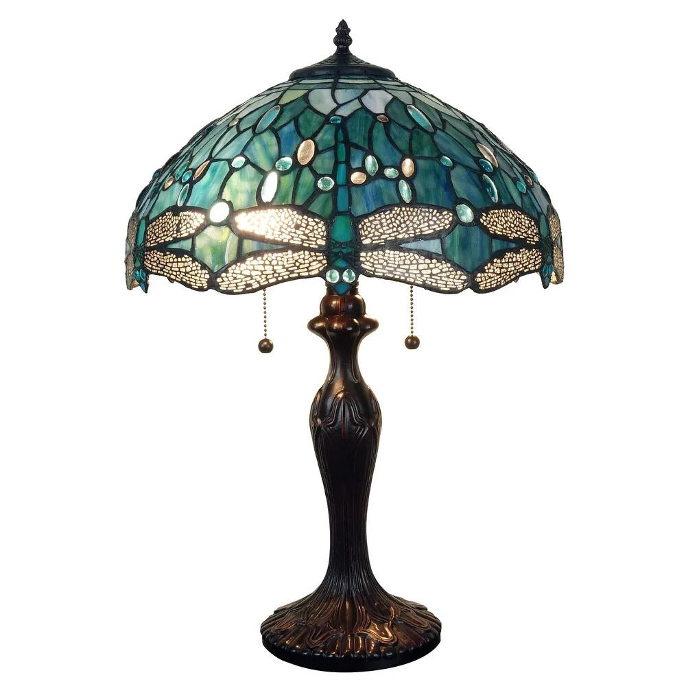 Pearl Green Tiffany Style Dragonfly Stained Glass Table Lamp Masterpiece 23in