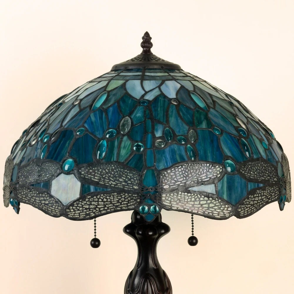 Pearl Green Tiffany Style Dragonfly Stained Glass Table Lamp Masterpiece 23in