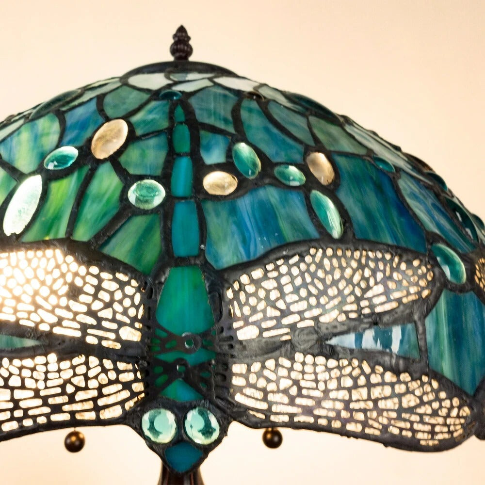 Pearl Green Tiffany Style Dragonfly Stained Glass Table Lamp Masterpiece 23in