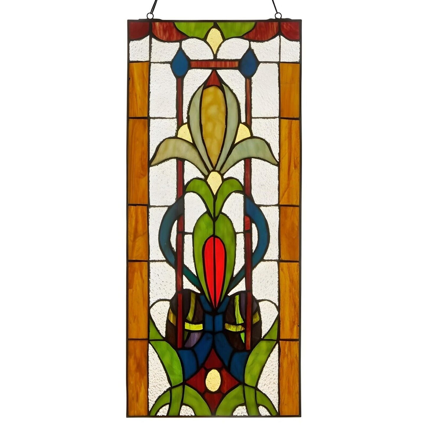 Tiffany Style Stained Glass Vintage Fleur de Lis Window Panel Suncatcher 10x24in