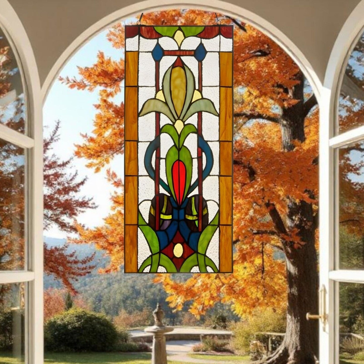 Tiffany Style Stained Glass Vintage Fleur de Lis Window Panel Suncatcher 10x24in