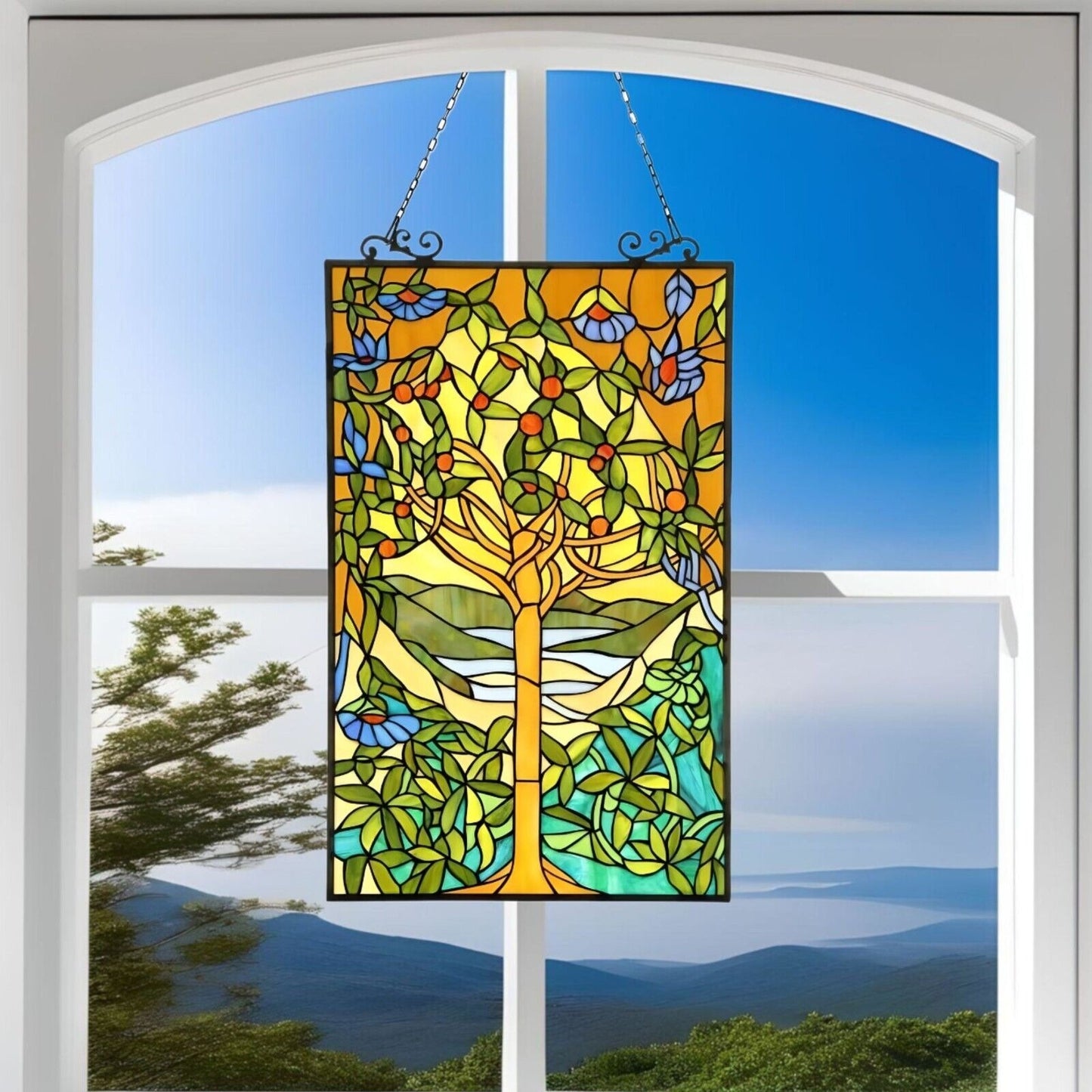 Tree of Life Design Tiffany Style Stained Glass Suncatcher Window Panel 20x32in