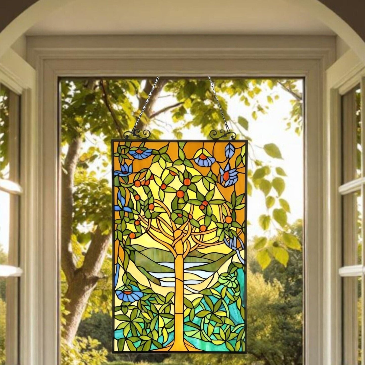 Tree of Life Design Tiffany Style Stained Glass Suncatcher Window Panel 20x32in