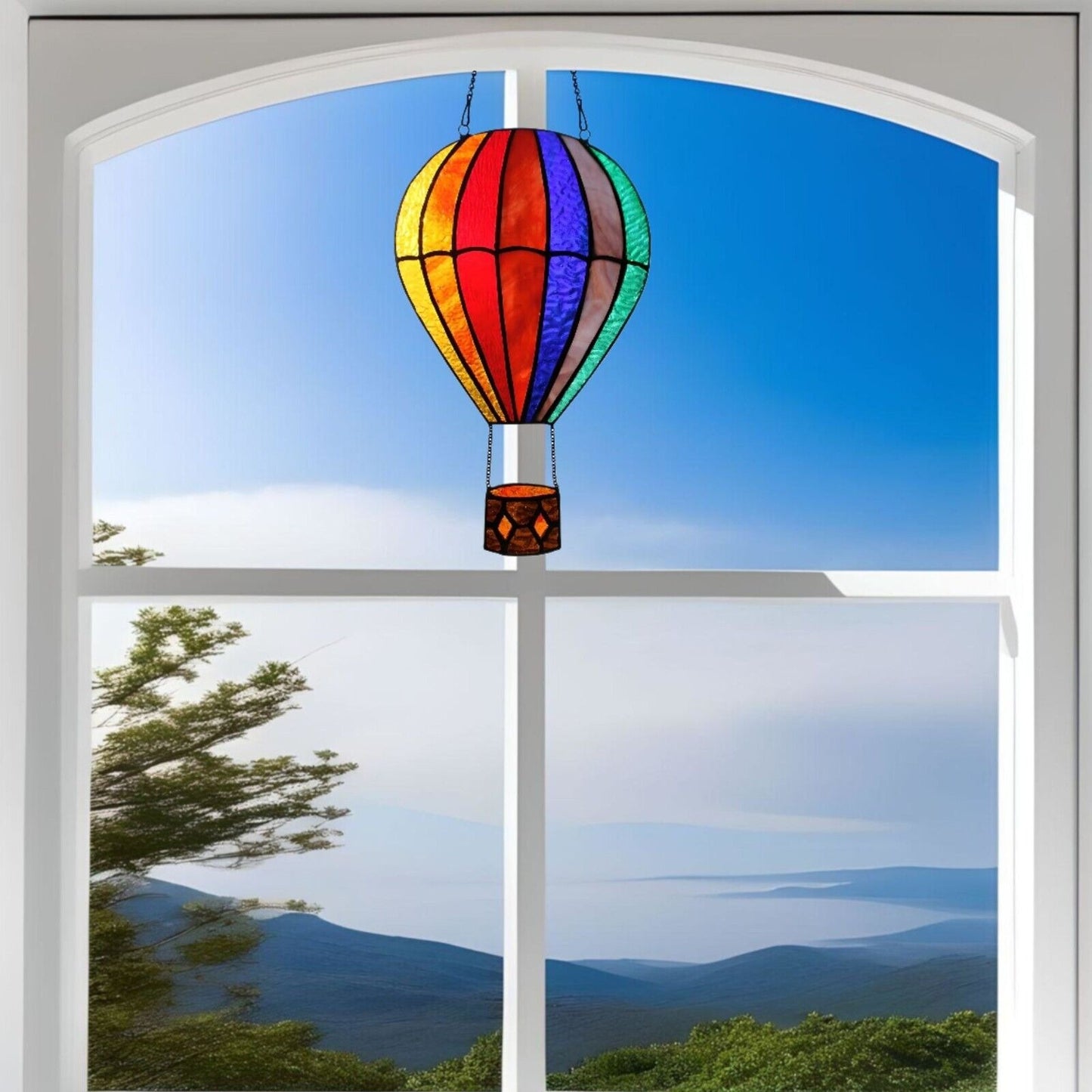 Hot Air Balloon Multicolored Stained Glass Window Panel Suncatcher 7.5x11in