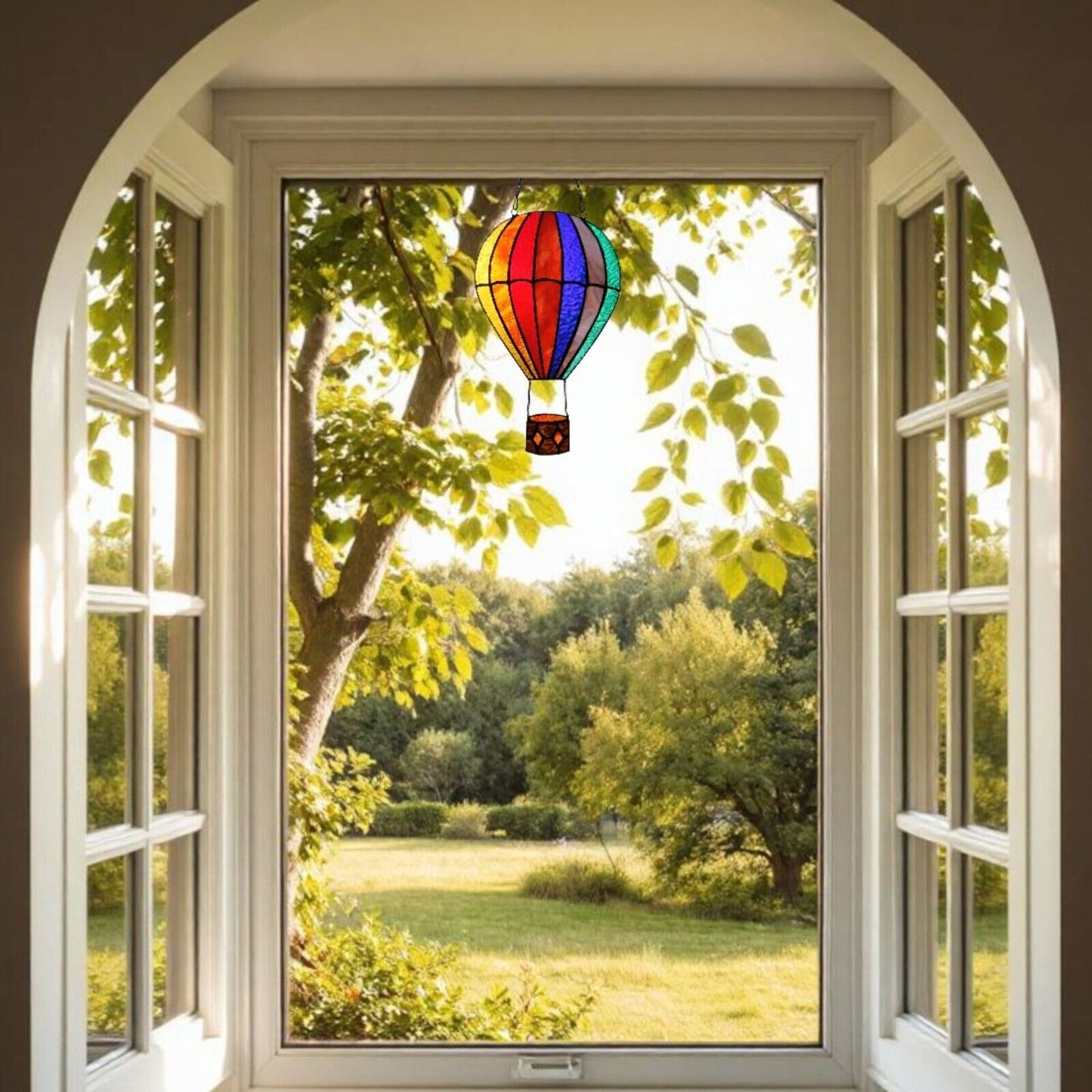 Hot Air Balloon Multicolored Stained Glass Window Panel Suncatcher 7.5x11in