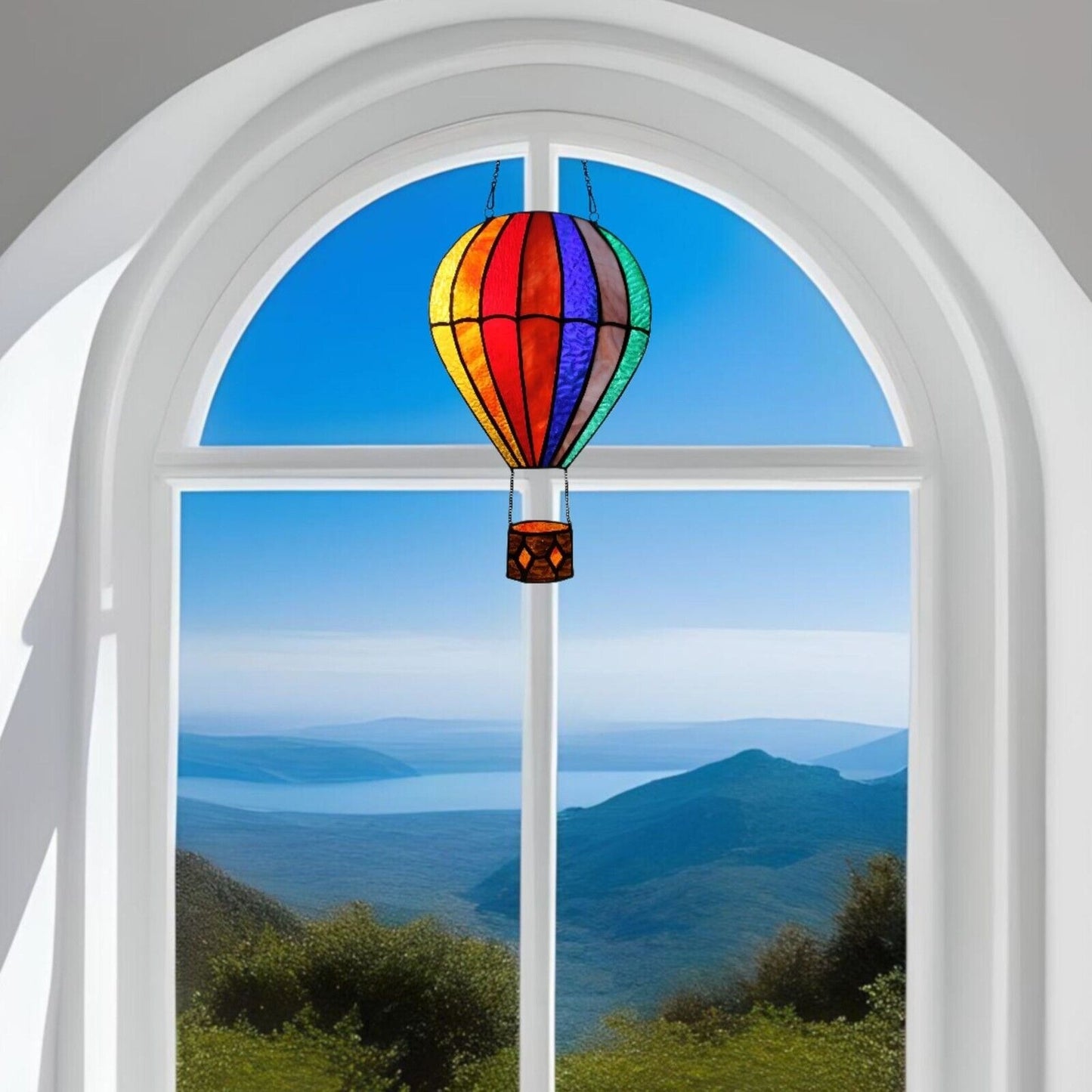 Hot Air Balloon Multicolored Stained Glass Window Panel Suncatcher 7.5x11in