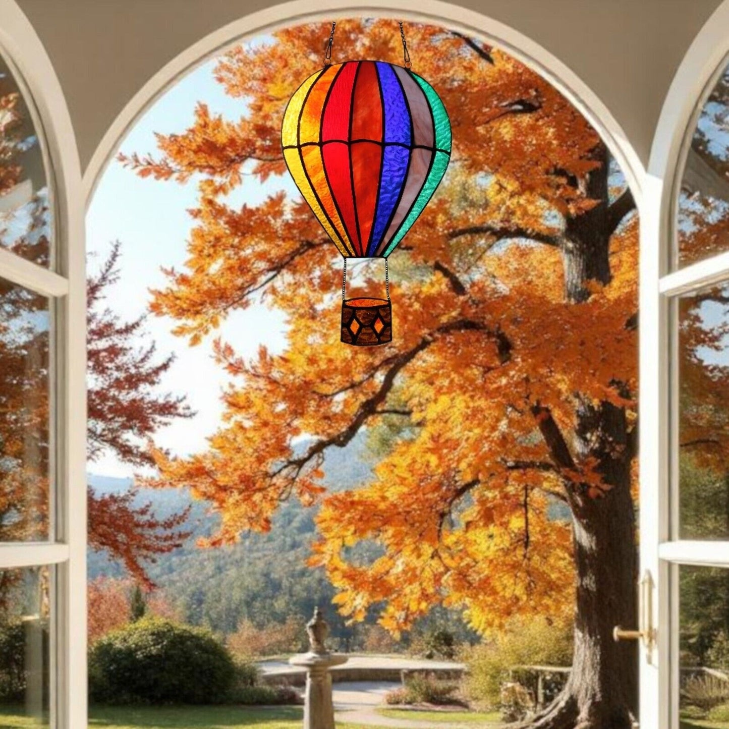 Hot Air Balloon Multicolored Stained Glass Window Panel Suncatcher 7.5x11in