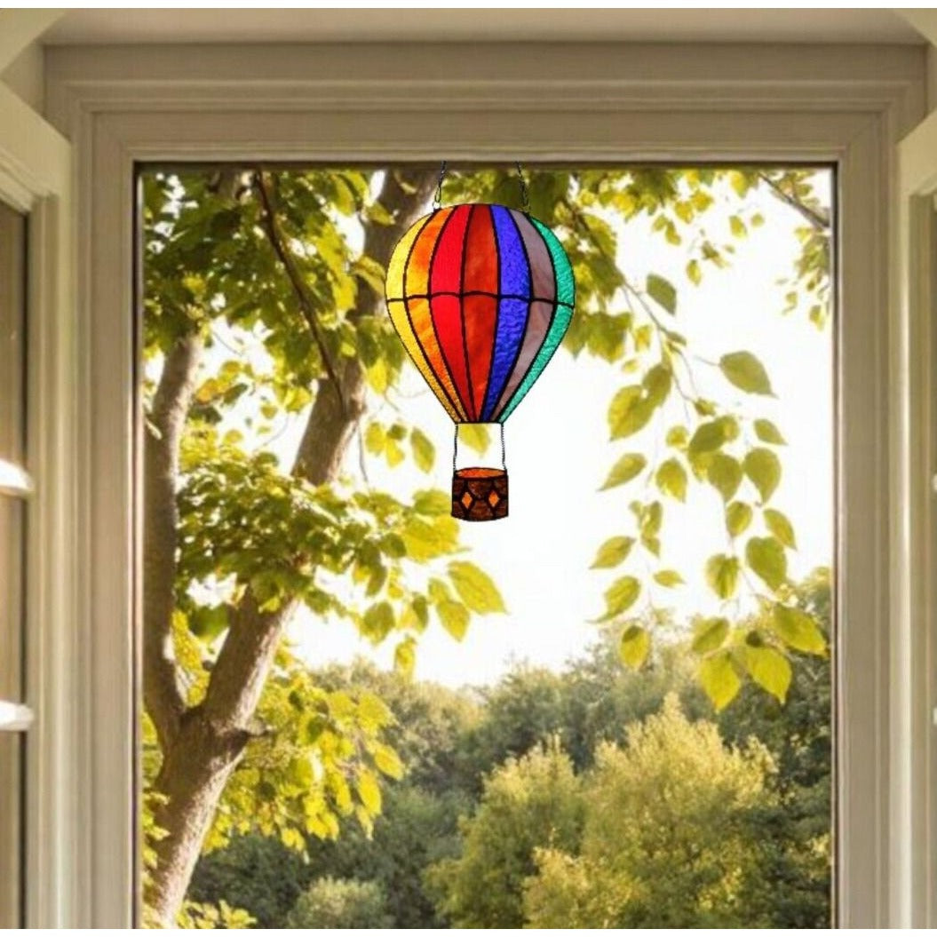 Hot Air Balloon Multicolored Stained Glass Window Panel Suncatcher 7.5x11in