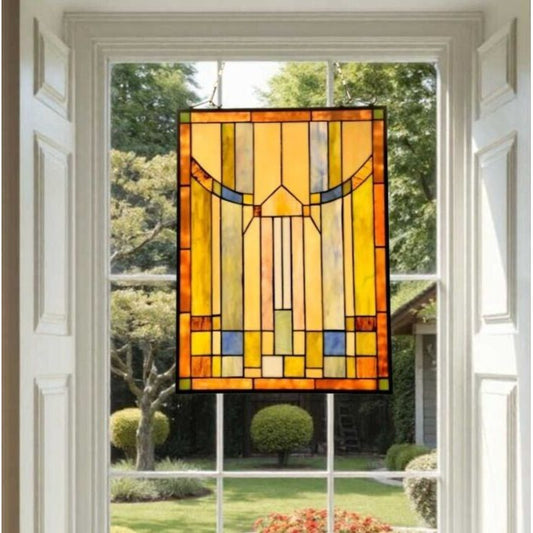 Elegant Tiffany Style Stained Glass Mission Window Panel in Vibrant Hues 17x24in