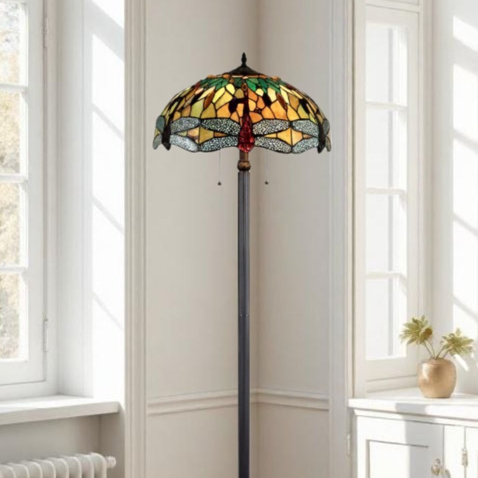 Hues of Amber Tiffany Style Dragonfly Design Stained Glass 2-light Floor Lamp