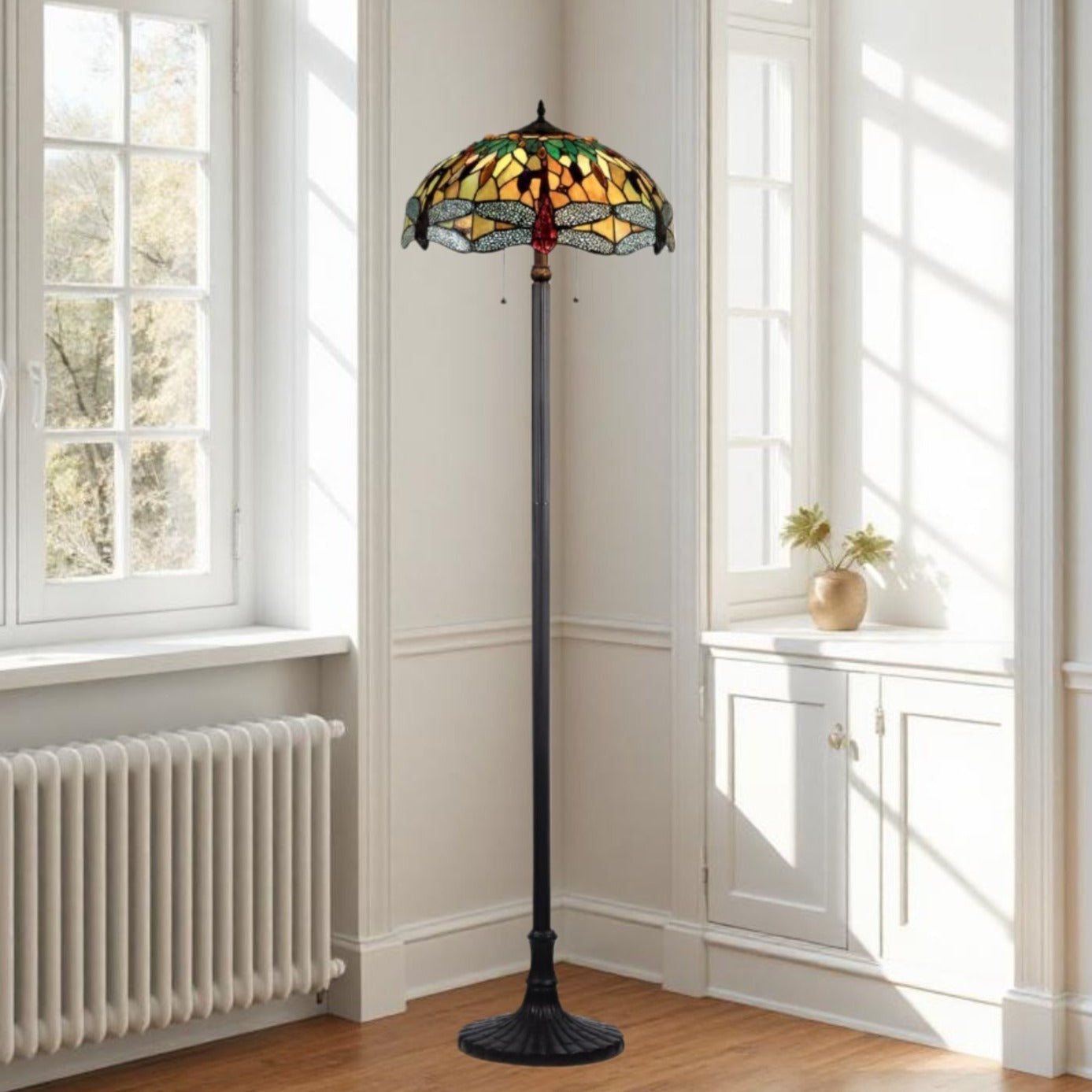 Hues of Amber Tiffany Style Dragonfly Design Stained Glass 2-light Floor Lamp