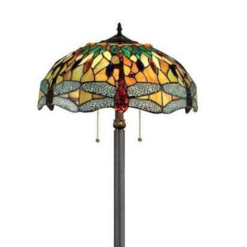 Hues of Amber Tiffany Style Dragonfly Design Stained Glass 2-light Floor Lamp