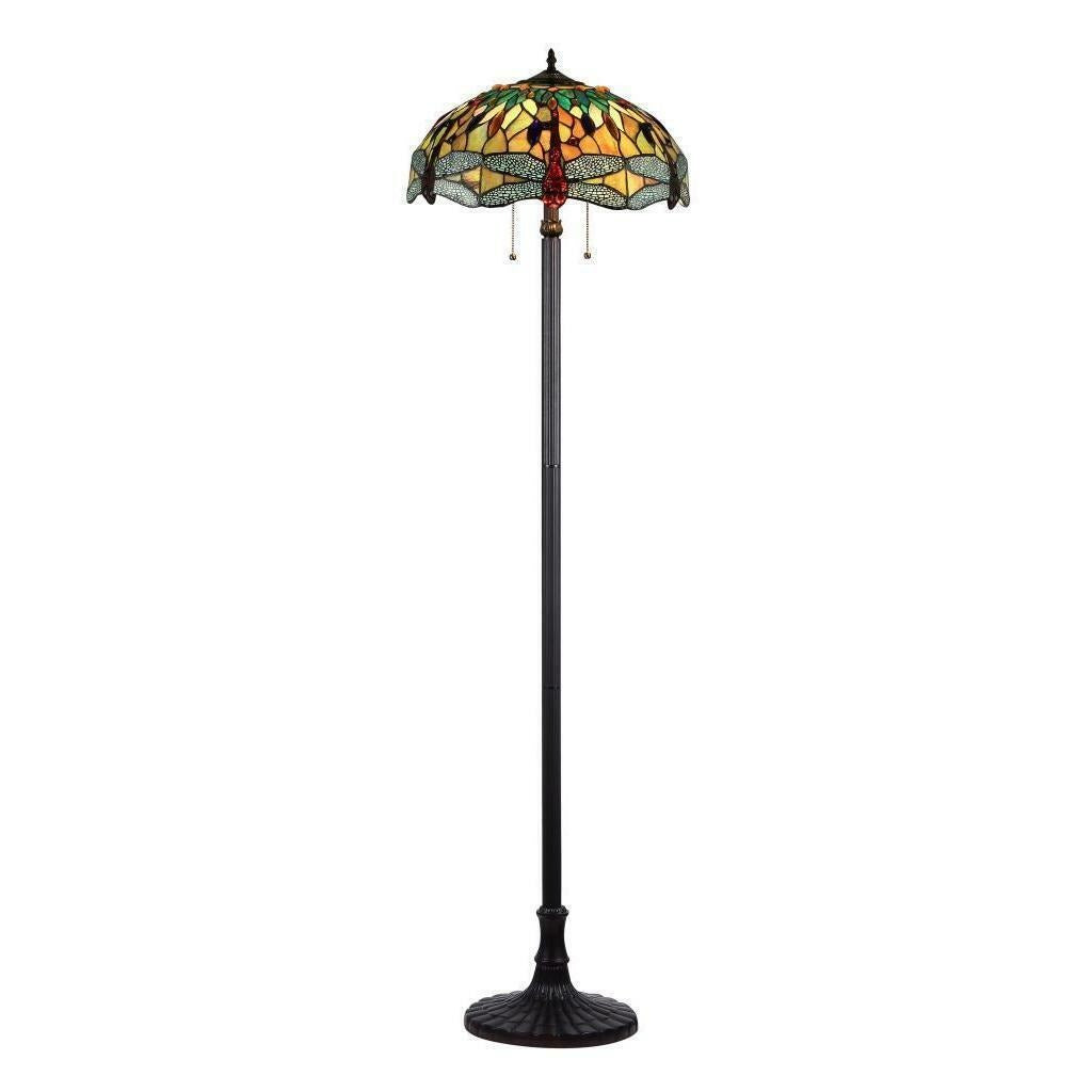 Hues of Amber Tiffany Style Dragonfly Design Stained Glass 2-light Floor Lamp