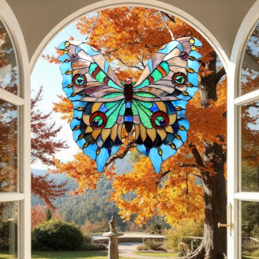 Lovely Aqua Blue Butterfly Stained Glass Suncatcher Hanging Window Panel 21x20in