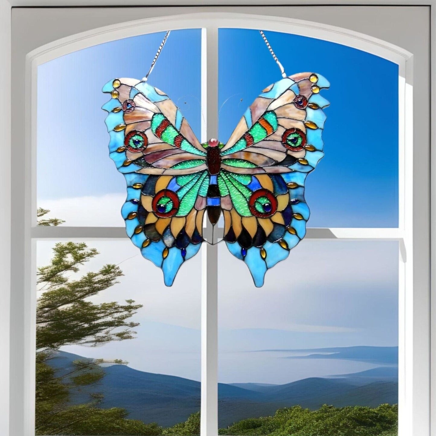 Lovely Aqua Blue Butterfly Stained Glass Suncatcher Hanging Window Panel 21x20in