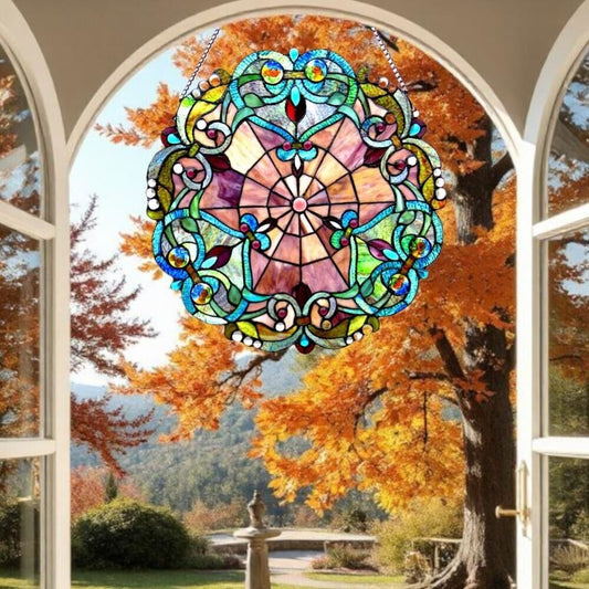 Round Suncatcher Stained Glass Window Panel Victorian Design in Blue Purple 20in