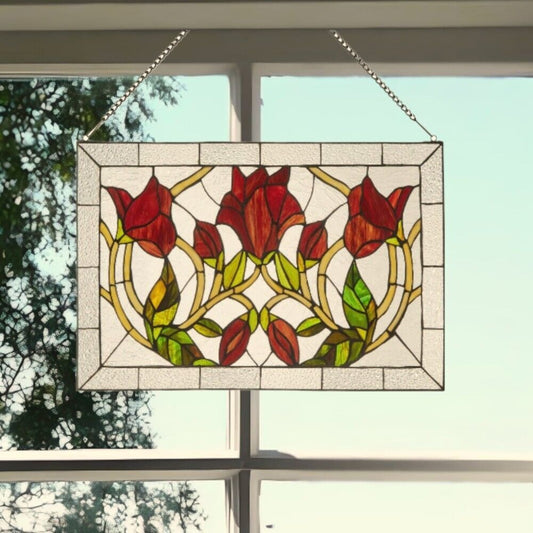 Elegant Floral Vine Suncatcher Window Panel in Tiffany-Style Stained Glass 16x24