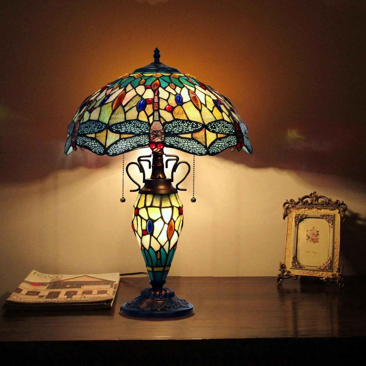 Victorian Yellow Dragonfly Tiffany Style Stained Glass Table Lamp With Lit Base