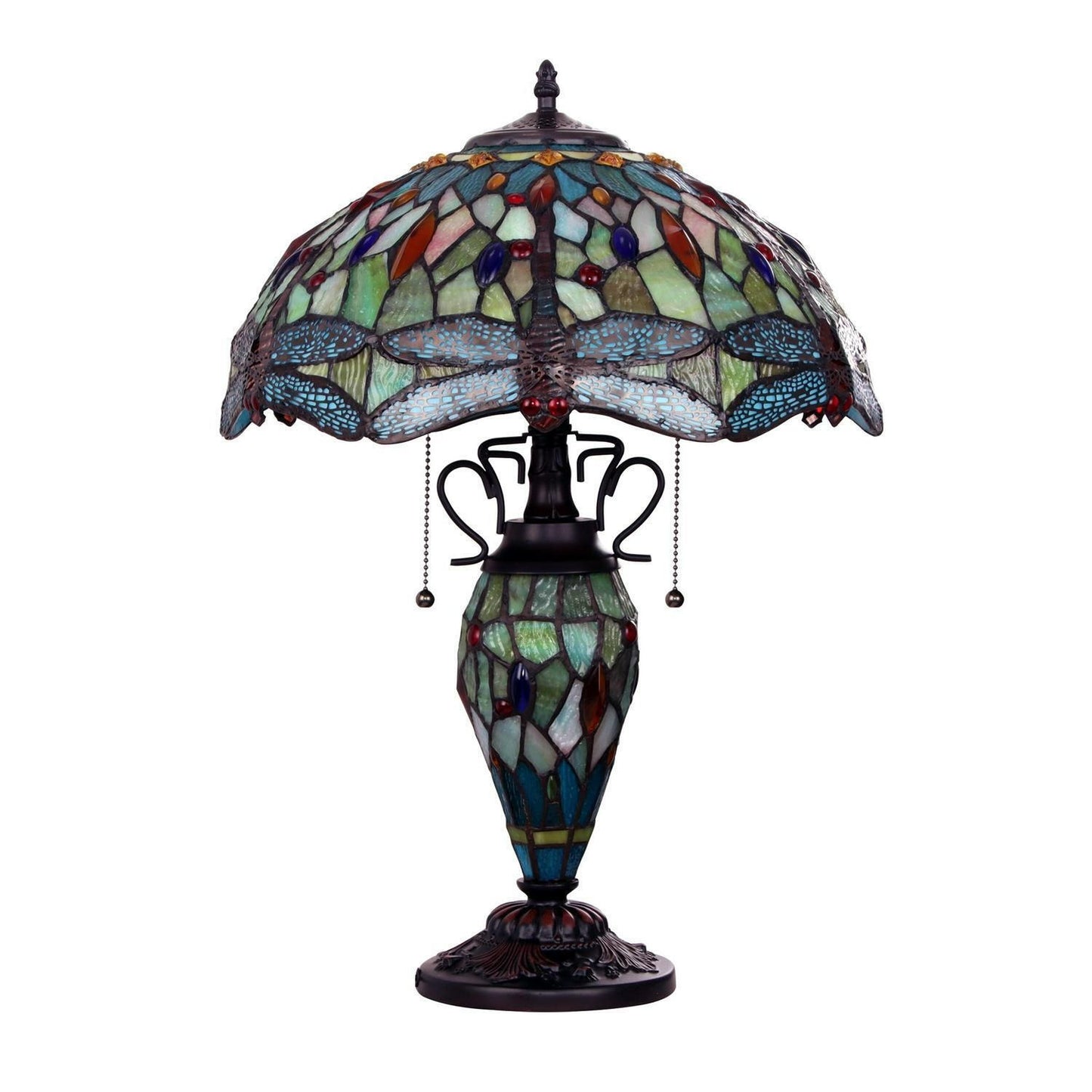 Victorian Yellow Dragonfly Tiffany Style Stained Glass Table Lamp With Lit Base