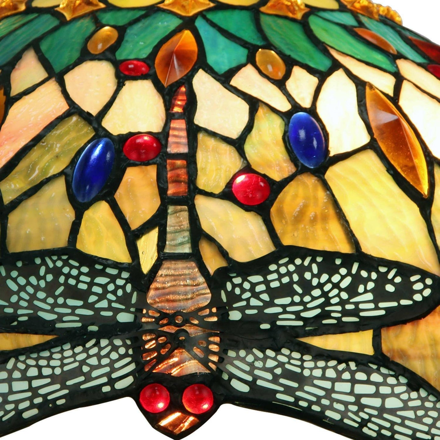 Victorian Yellow Dragonfly Tiffany Style Stained Glass Table Lamp With Lit Base