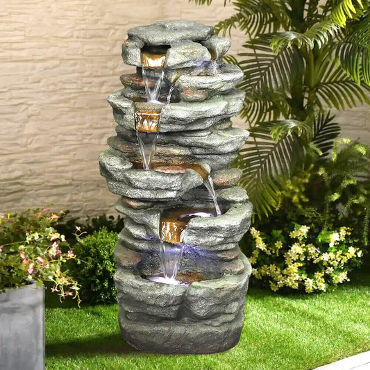 Fiberglass Cascading Rock Water Fountain – 32in Garden Deck Patio Feature