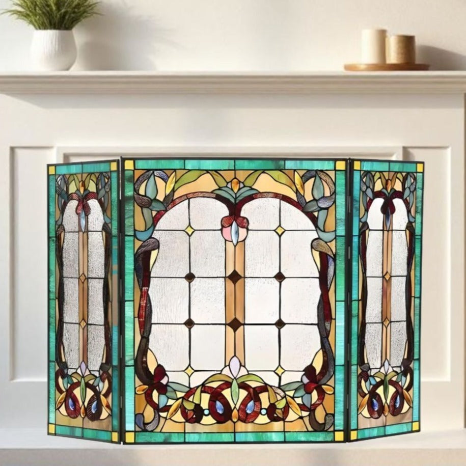 Tiffany Style Stained Glass Victorian Fireplace Screen - Elegant Handmade Design