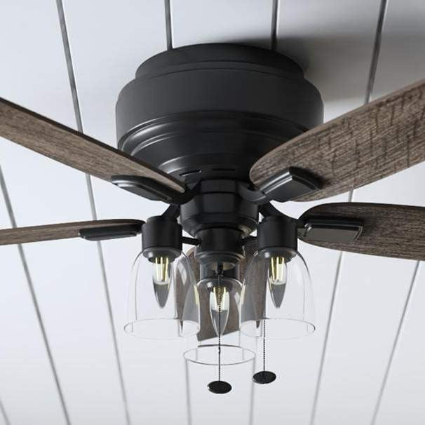 Matt Black Finish Ceiling Fan 3-Light 52in 5-Blade 3-Speed Pull Chain