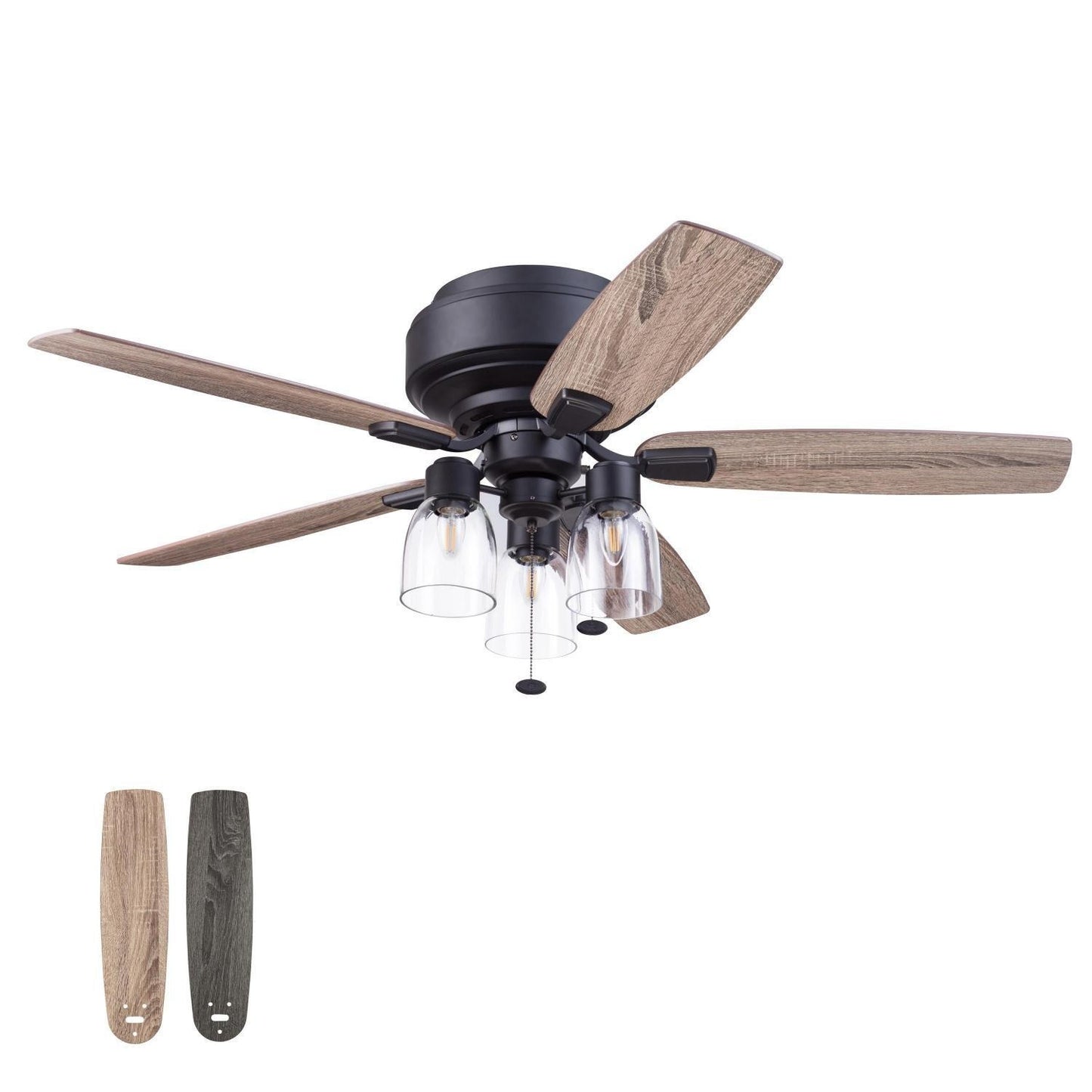 Matt Black Finish Ceiling Fan 3-Light 52in 5-Blade 3-Speed Pull Chain
