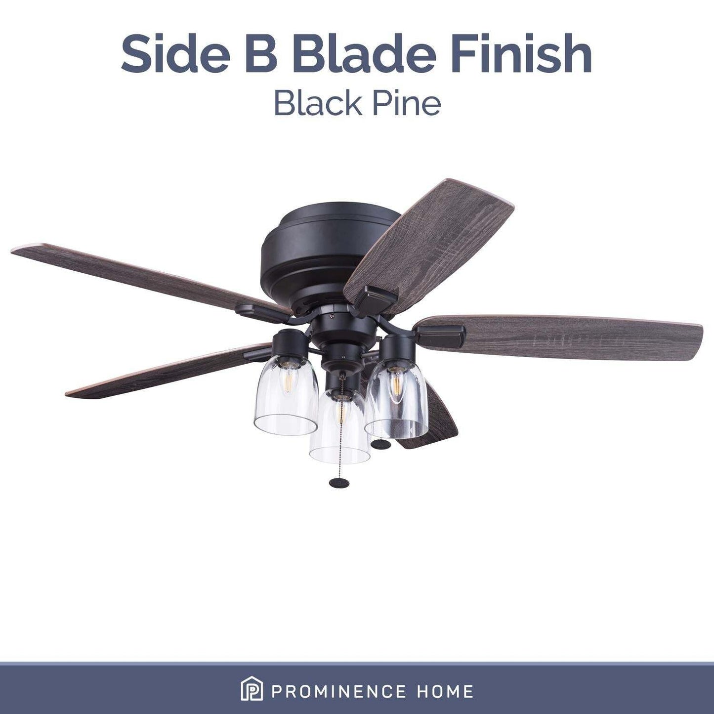 Matt Black Finish Ceiling Fan 3-Light 52in 5-Blade 3-Speed Pull Chain
