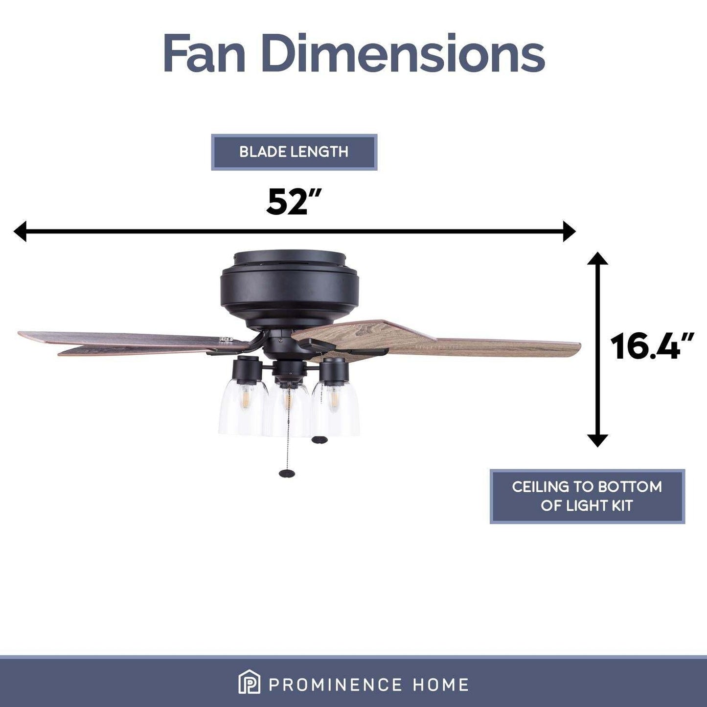 Matt Black Finish Ceiling Fan 3-Light 52in 5-Blade 3-Speed Pull Chain