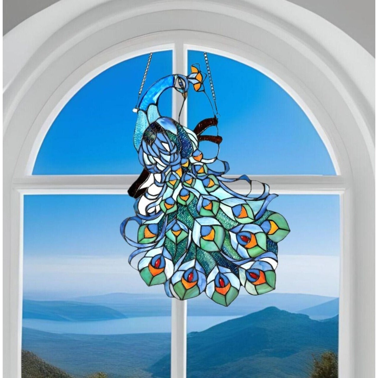 Stained Glass Peacock Hanging Suncatcher Window Panel 17x25in