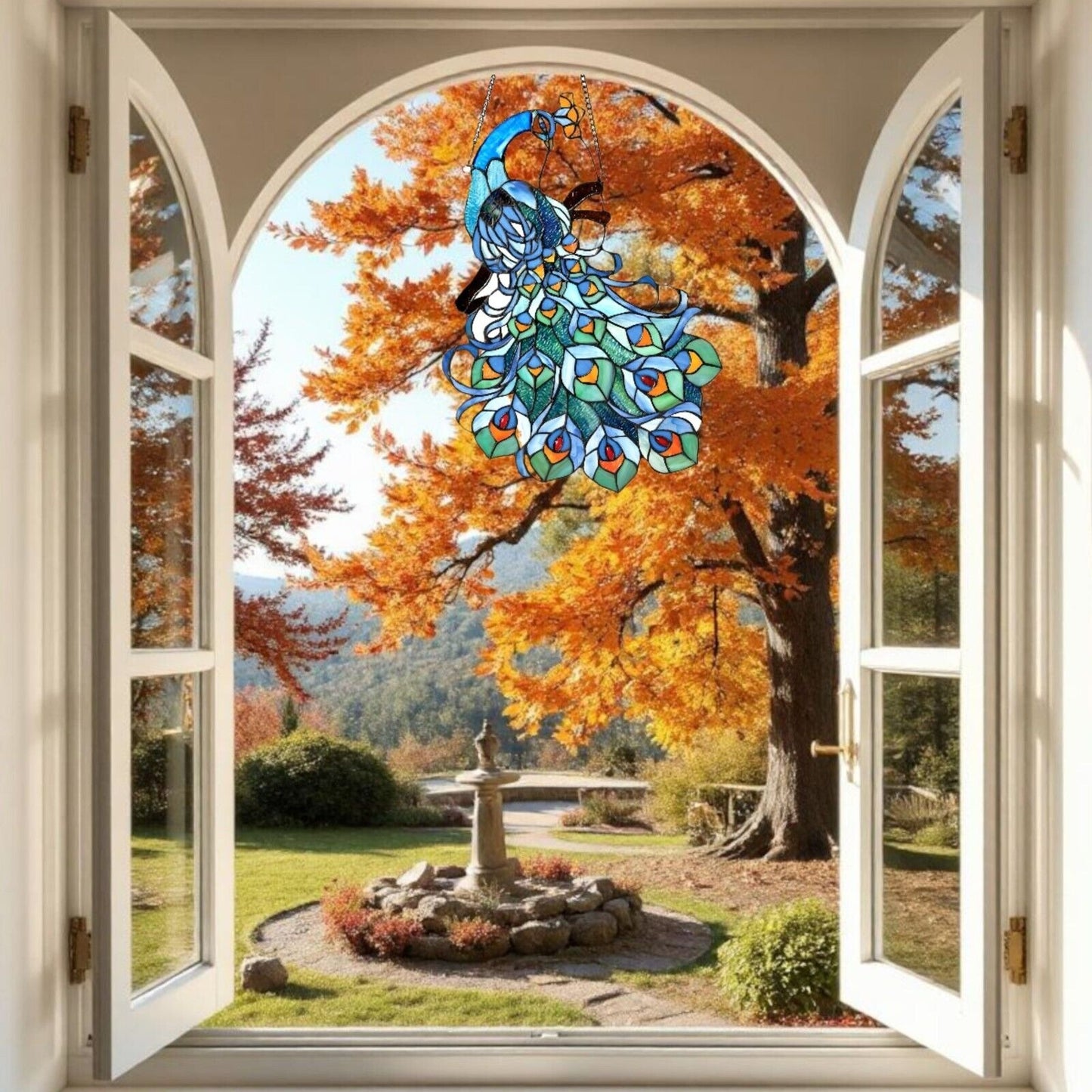 Stained Glass Peacock Hanging Suncatcher Window Panel 17x25in