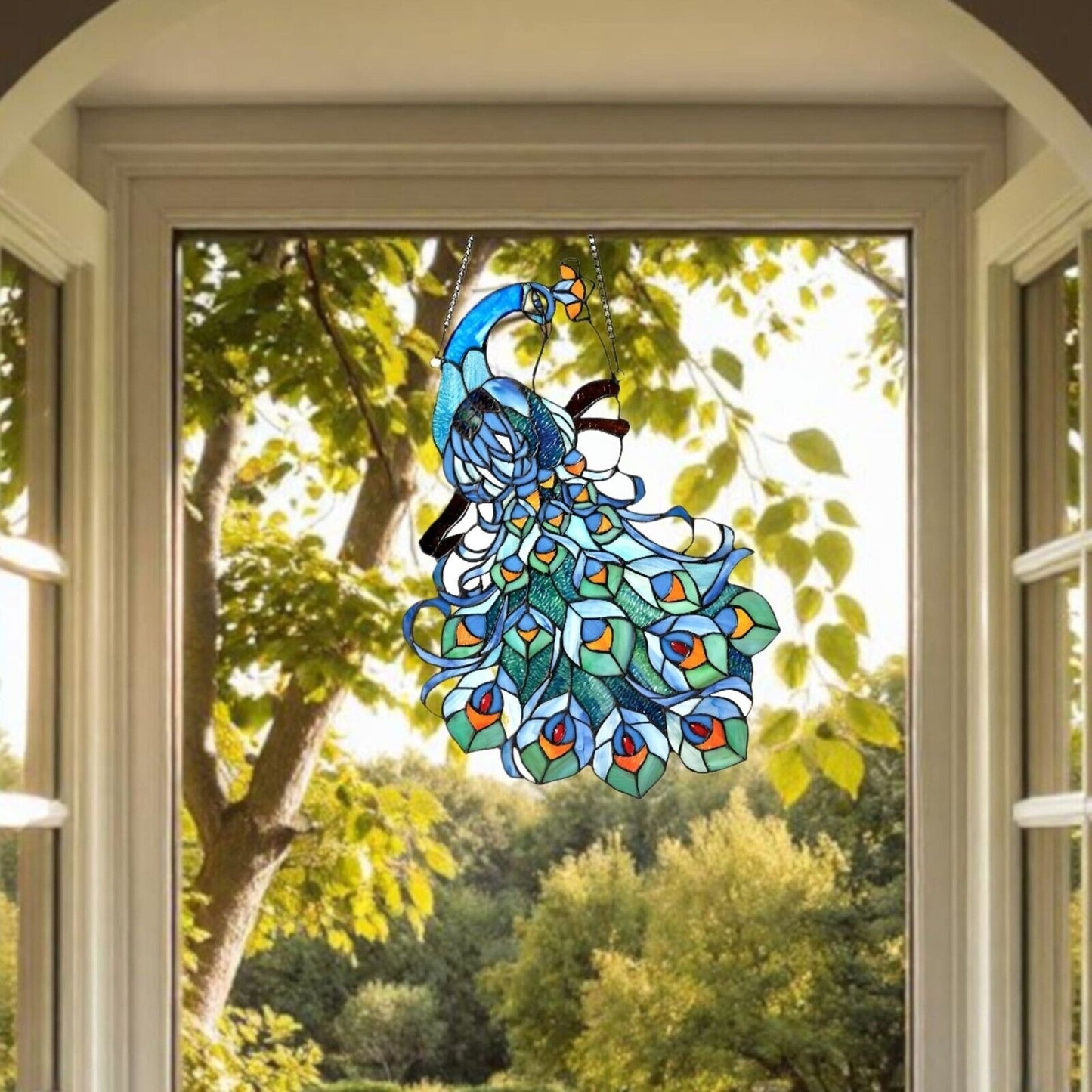 Stained Glass Peacock Hanging Suncatcher Window Panel 17x25in