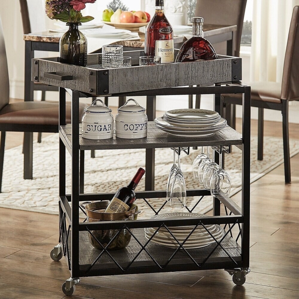 Serving Cart with Removable Tray Top Bar Cart Tea Trolly Rustic Grey Finish