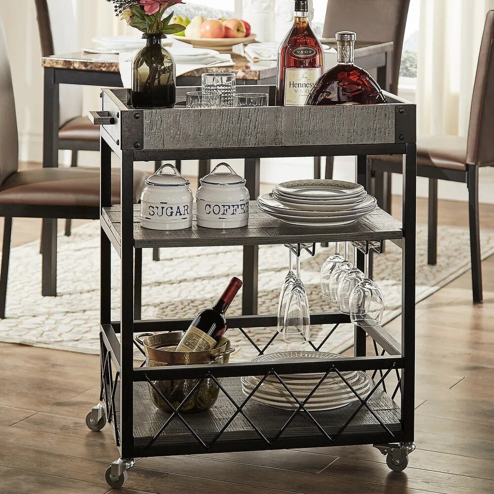 Serving Cart with Removable Tray Top Bar Cart Tea Trolly Rustic Grey Finish
