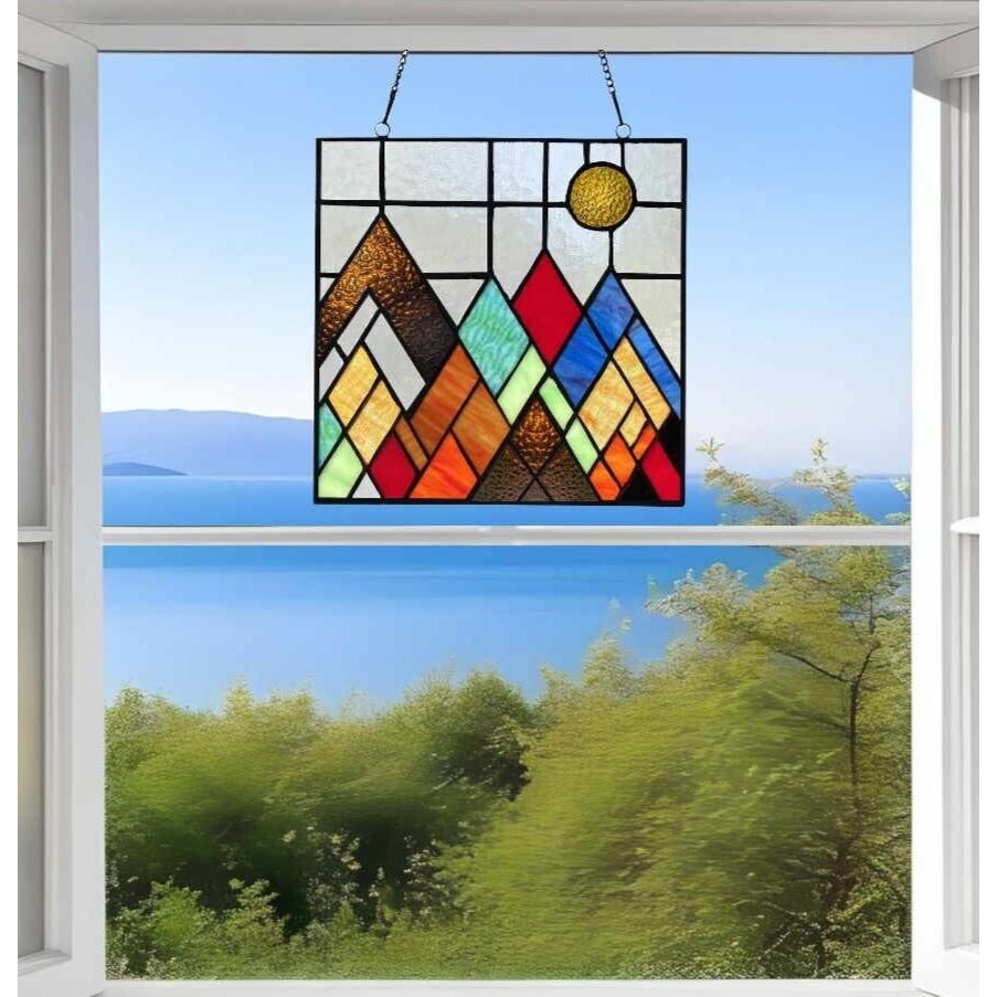 Vibrant Colored Mountain Range Tiffany Style Suncatcher Stained Glass Panel 10in