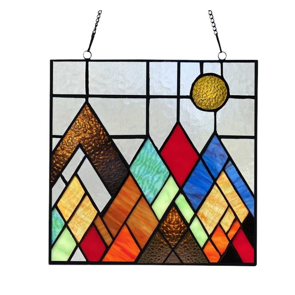 Vibrant Colored Mountain Range Tiffany Style Suncatcher Stained Glass Panel 10in