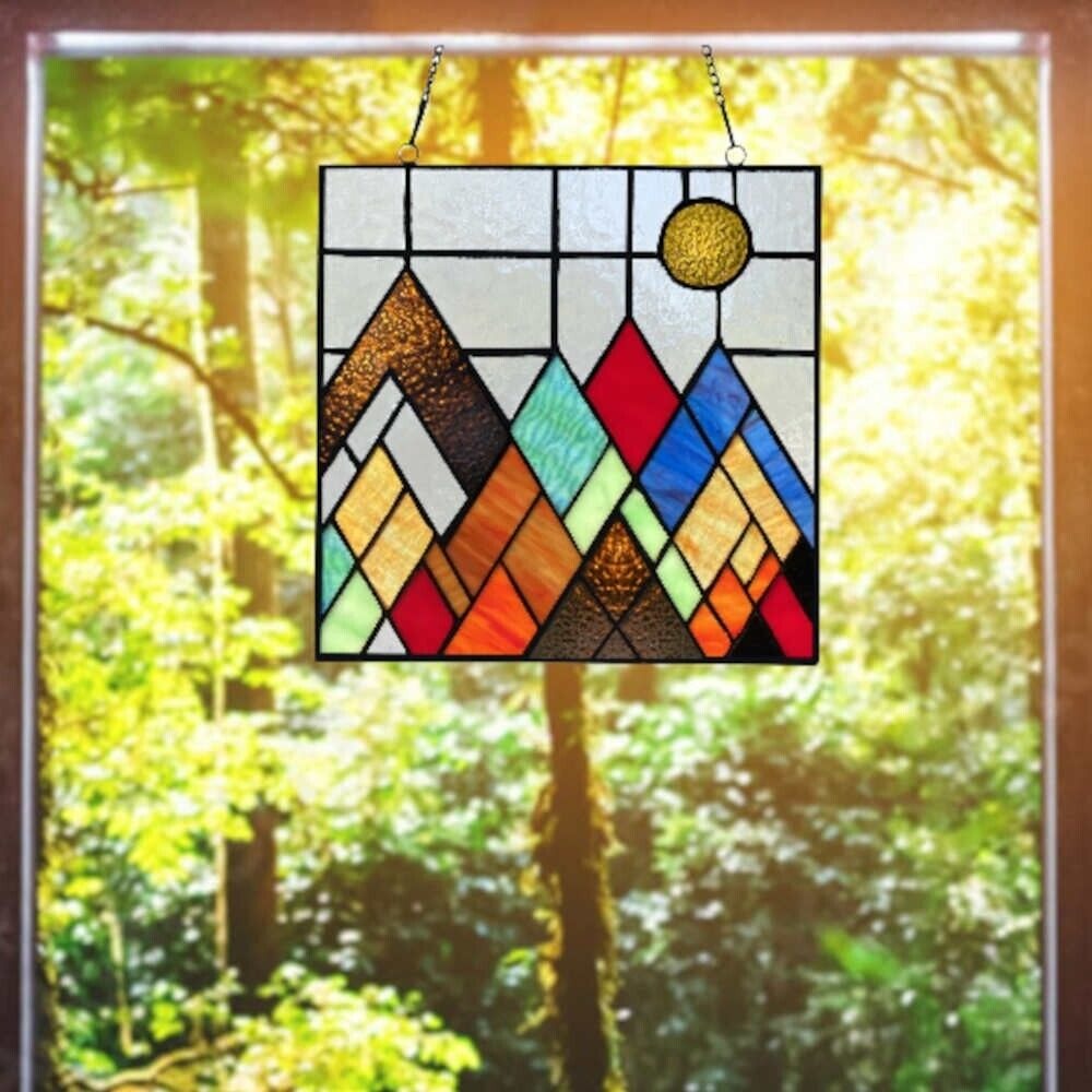 Vibrant Colored Mountain Range Tiffany Style Suncatcher Stained Glass Panel 10in