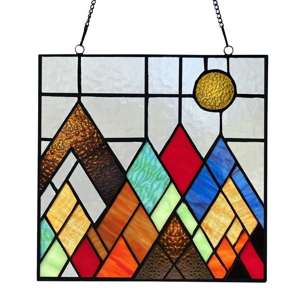 Vibrant Colored Mountain Range Tiffany Style Suncatcher Stained Glass Panel 10in