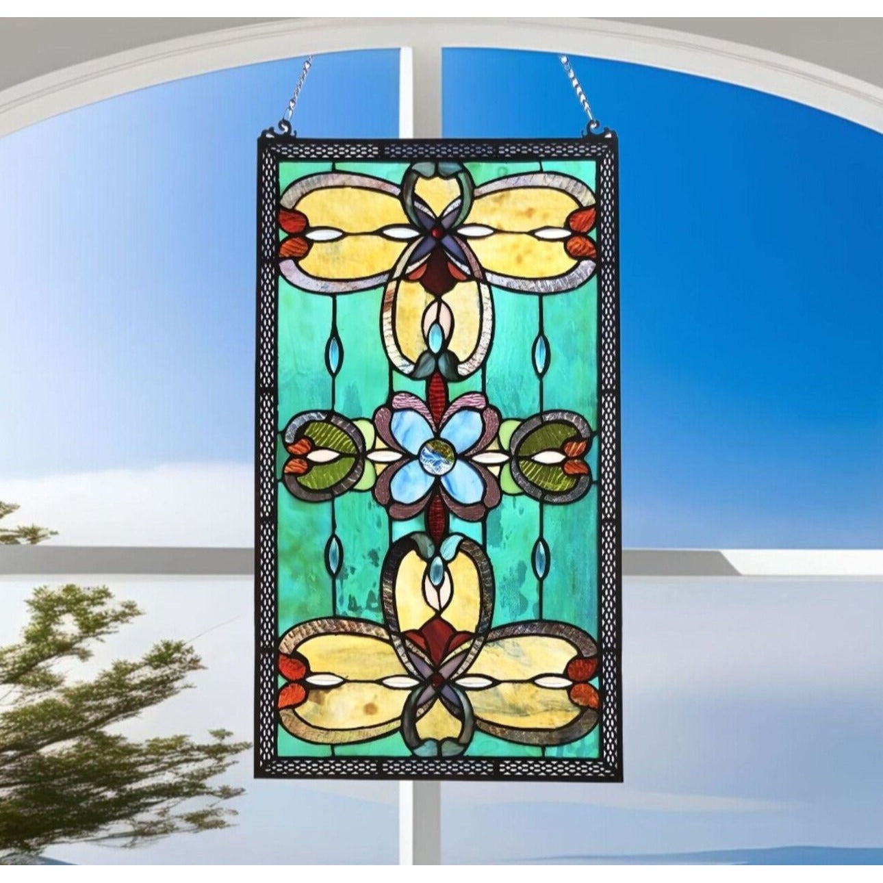 Victorian Theme Tiffany Style Stained Glass Window Panel Suncatcher 26x15