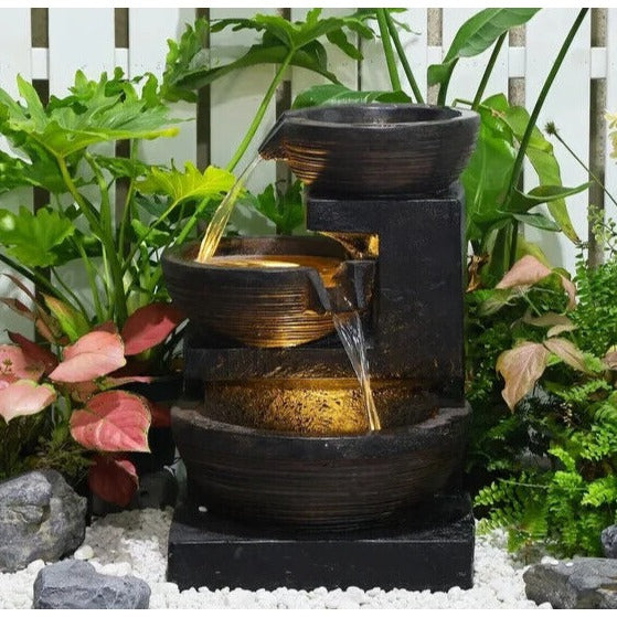 Captivating 24in Black Indoor Outdoor 3 Tier Cascading Bowl LED Water Fountain